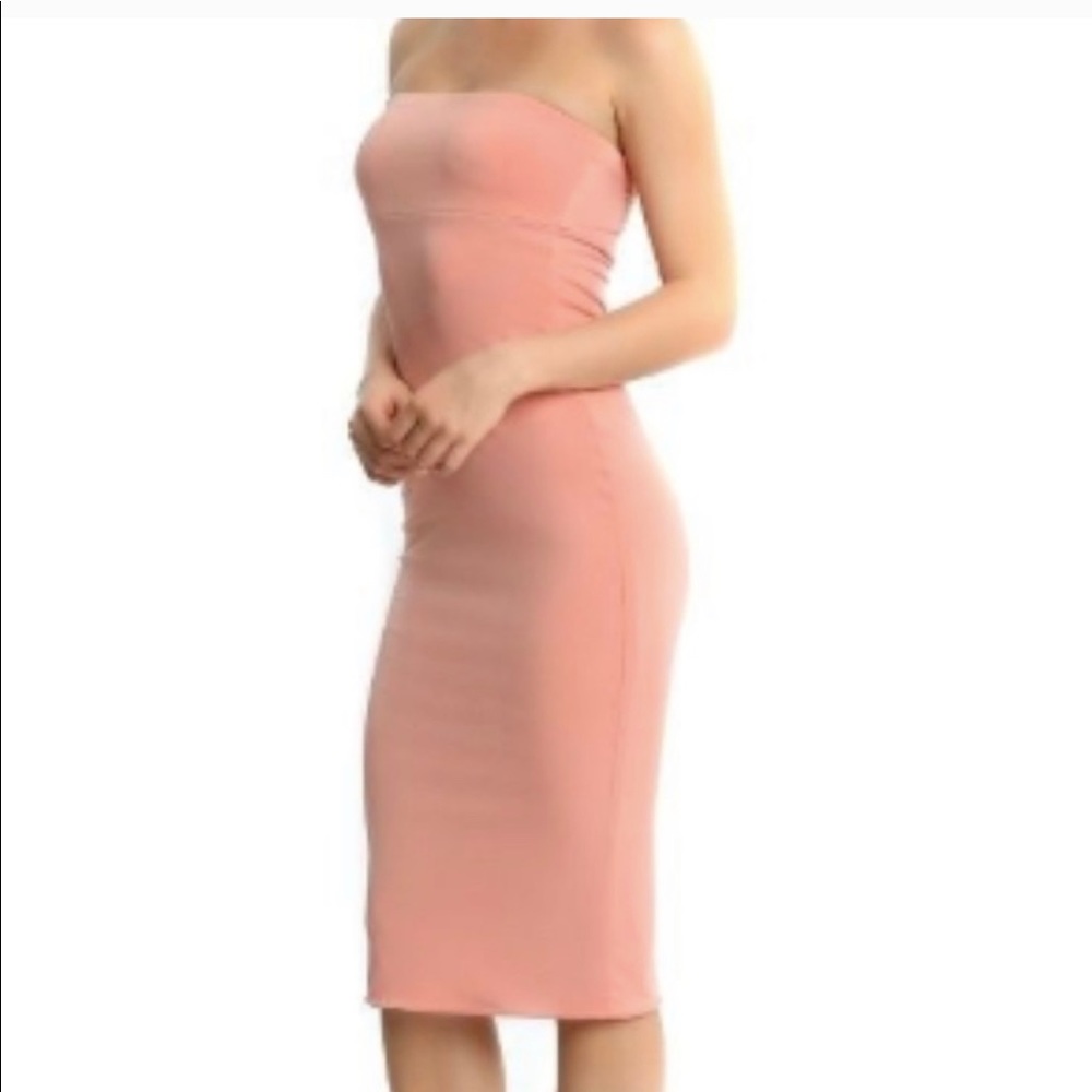 Kittenish strapless midi bodycon dress